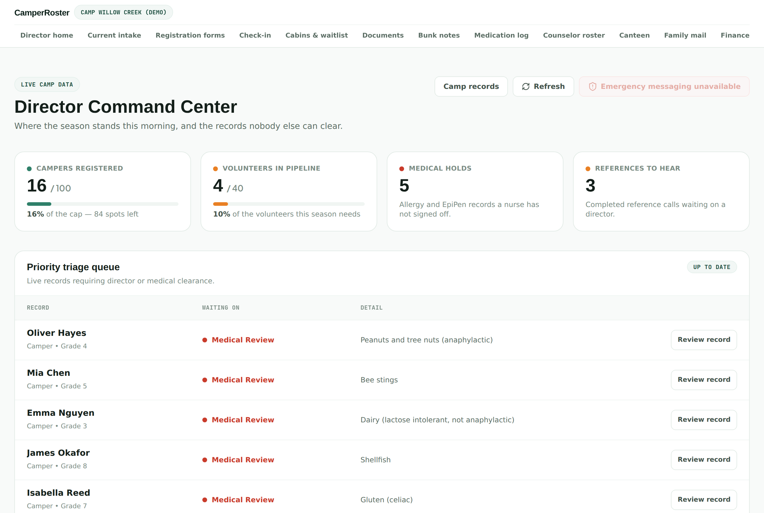CamperRoster director dashboard with registrations, volunteers and review queue