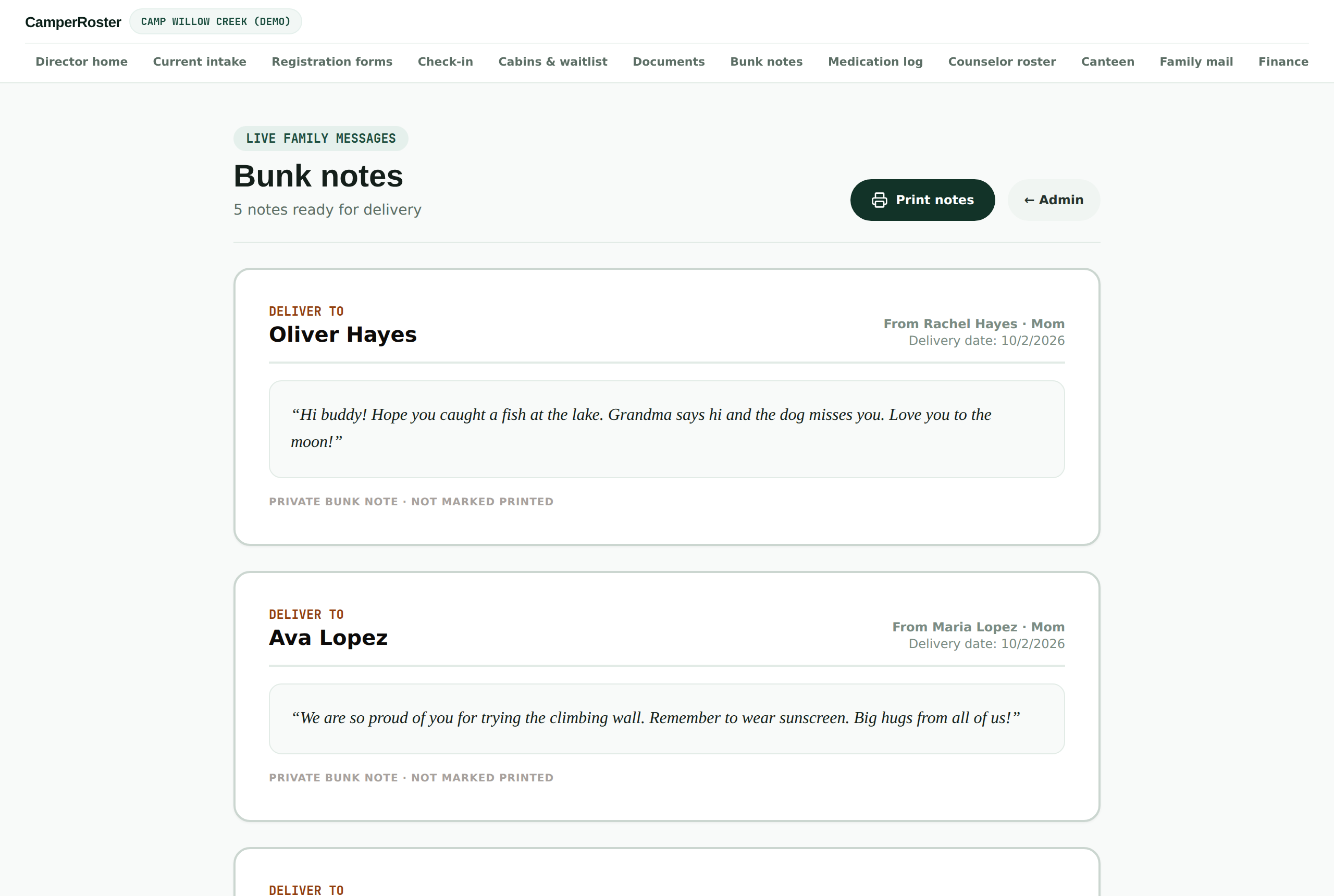 Print parents' letters for mail call: CamperRoster office screen