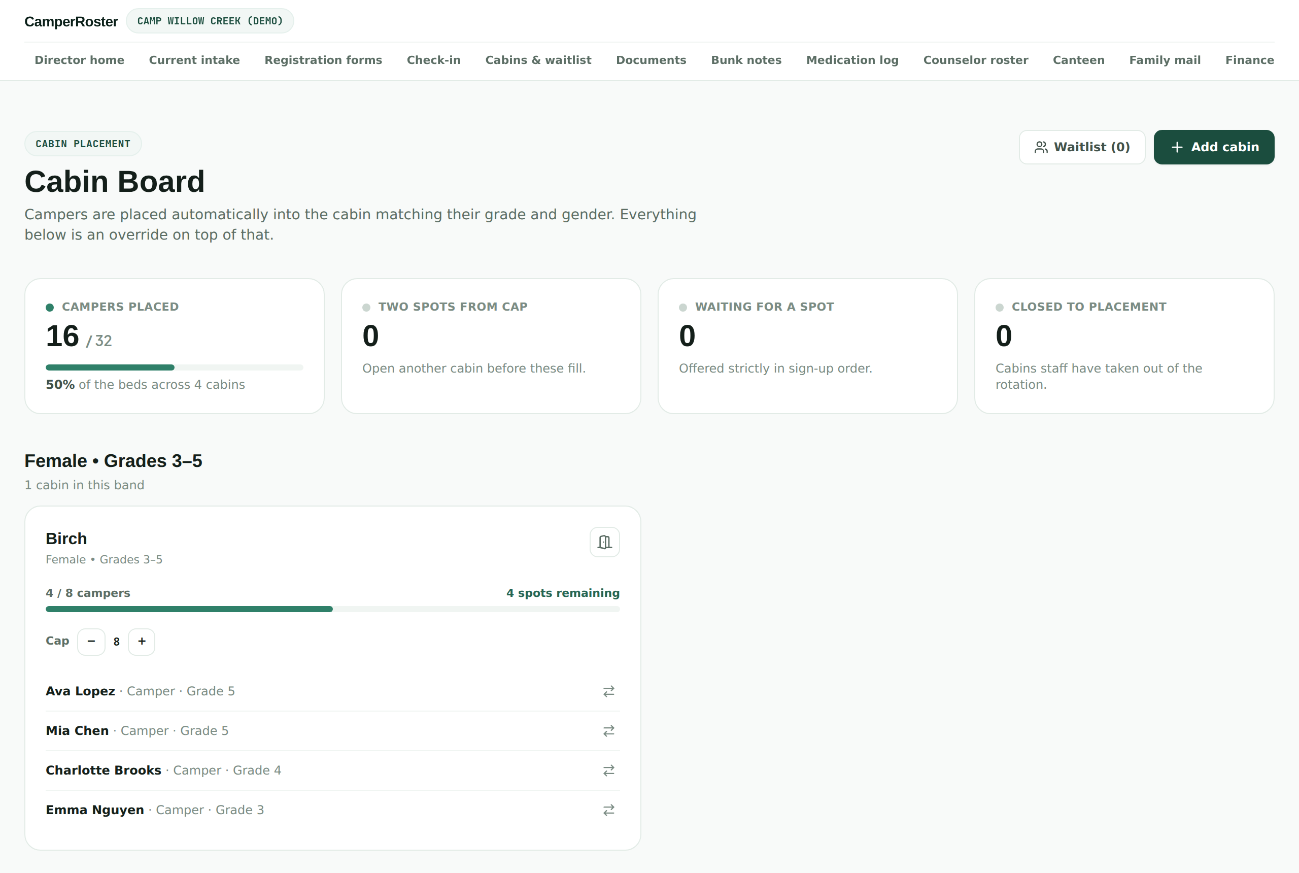 Place campers by grade and gender: CamperRoster registrar screen