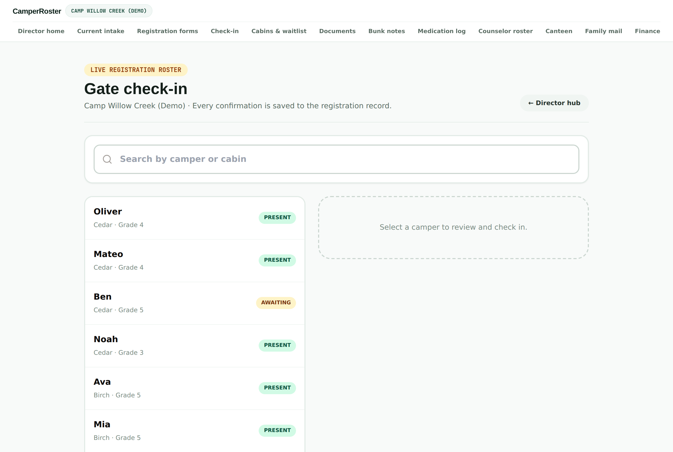 CamperRoster check-in screen listing campers and cabins
