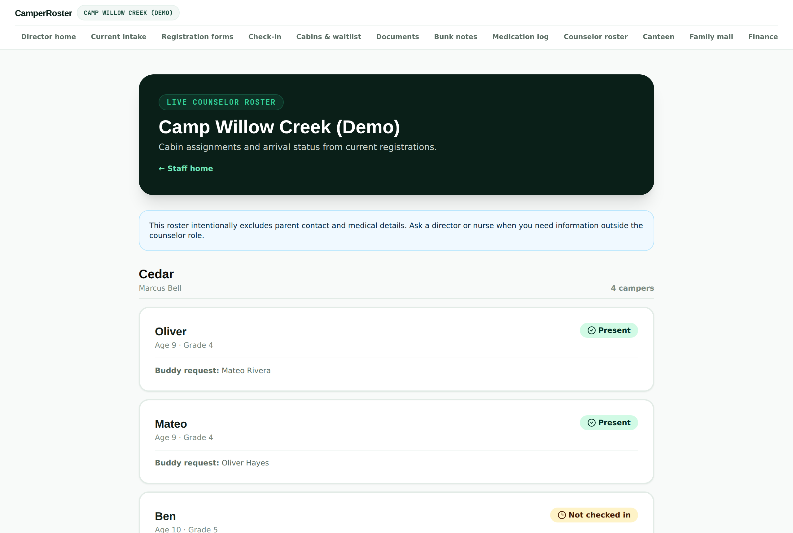Know your cabin, and nothing you shouldn't: CamperRoster counselor screen