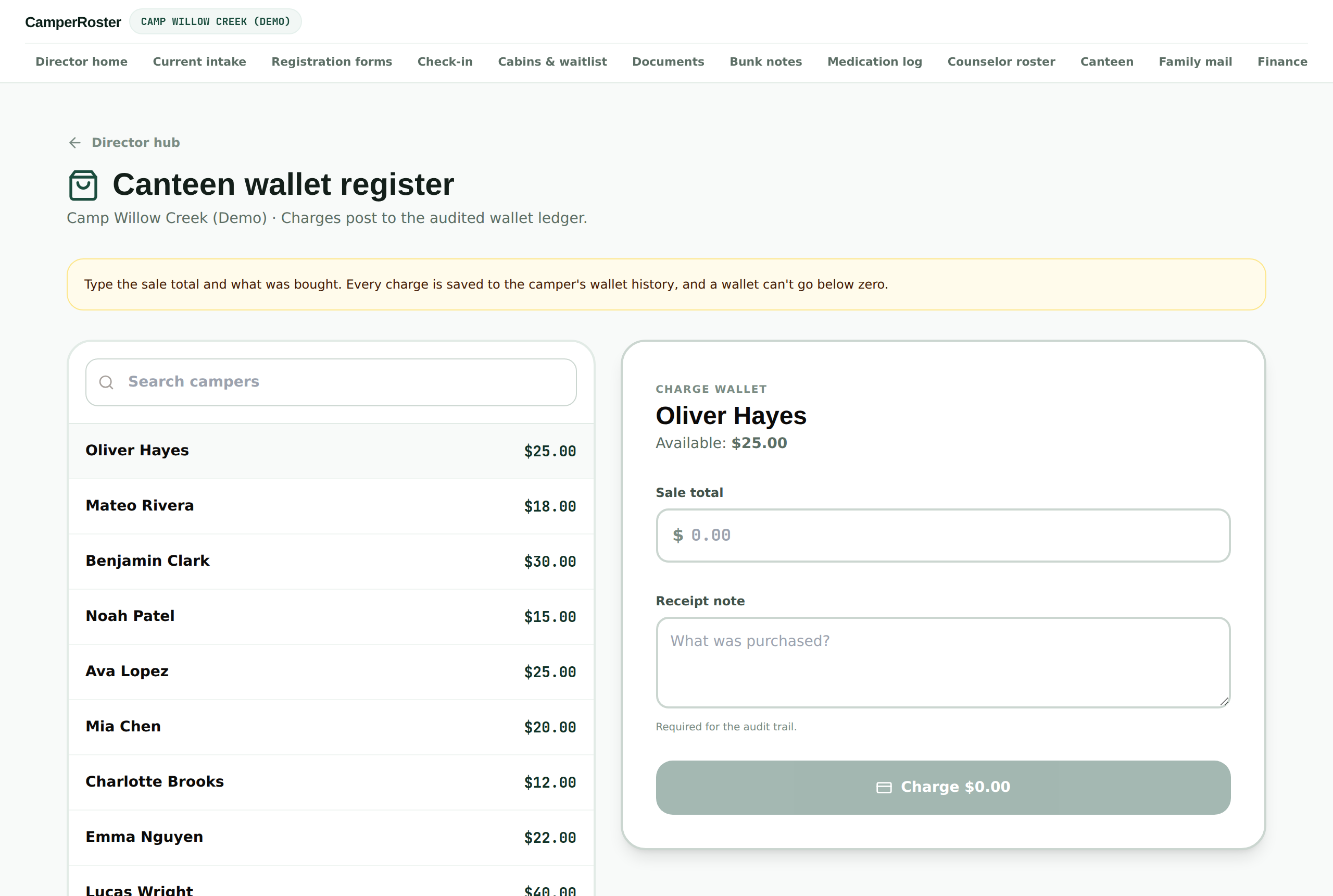 CamperRoster canteen register charging a camper wallet
